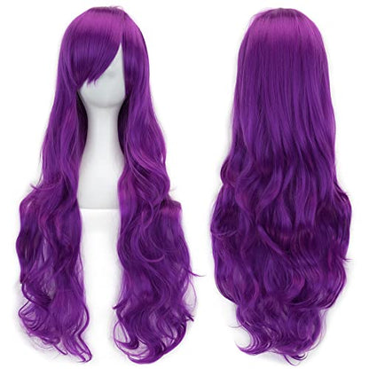 IMISSU 80cm Long Curly Natural Hair Cosplay Wig with Bangs Colorful Halloween Costume Party Wigs for Women (Violet) - color: Violet