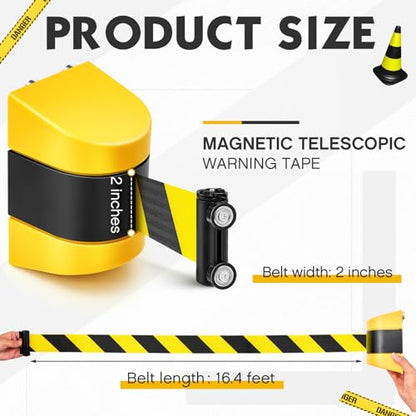 Barydat 1 Pcs 16.4 ft Magnetic Retractable Belt Barrier(Black Yellow Rope) | Crowd Control Safety Belt, Yellow ABS Case, Grocery Retail Store Stadium School, Easy to Install with Strong Suction Power - color: Yellow, size: Black Yellow Rope