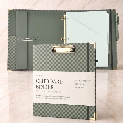 Aesthetic Clipboard Binder with Dividers - 3 Ring Organizer for Work | Sturdy Document Organizer, Clipboard Folder and Planner Folio for Streamlined School Projects, Notes and Office Productivity - color: Sage