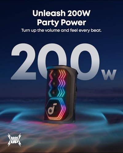 Soundcore Rave 3S AI 파티 스피커, Anker, AI 보컬 제거, 200W 사운드 | 무선 마이크 2개 포함, 리버브, 라이트 쇼, 12시간 재생, 가정, 파티 또는 뒷마당용 휴대용 블루투스 PA 시스템