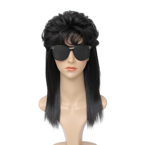 Adequate Women's Black Mullet Wig 80s 90s Costumes Fancy Party wig Joe Dirt Emo Halloween Cosplay Wigs (Black) - color: B-Black