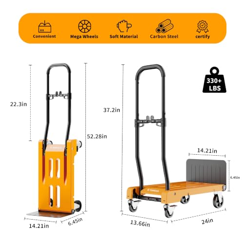 Folding Hand Truck Dolly and Platform Cart, 330 Lbs, 2-Level Adjustable | 360° Smooth Swivel Wheels, 330Lbs Heavy Duty Foldable Hand Cart Moving Dolly for Delivery, Warehouse and Moving