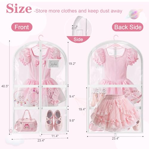 3 Pack Clear Dance Garment Bags for Dancers, 40" Waterproof Dustproof Dance Costume Bags for Hanging Clothes with 5 Large Zipper Pockets for Dance Competition, Suitable for Dress, Uniform