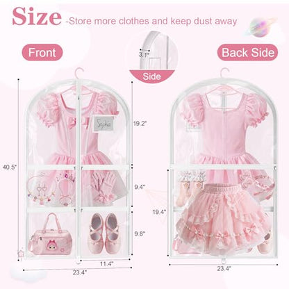 3 Pack Clear Dance Garment Bags for Dancers, 40" Waterproof Dustproof Dance Costume Bags for Hanging Clothes with 5 Large Zipper Pockets for Dance Competition, Suitable for Dress, Uniform
