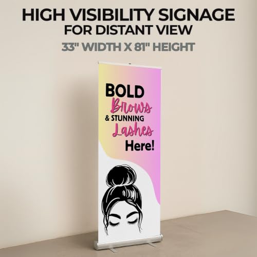 Lashes & Brows Retractable Stand Banner by DC | 33"x81" Roll-Up Display | Bold Brows Stunning Lashes Here Vertical Pull-Up Banner for Trade Shows & Events | Made in USA | (Stand Not Included) - color: Bold Brows Stunning Lashes Here, size: Retractable Ban