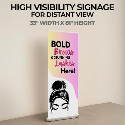 Lashes & Brows Retractable Stand Banner by DC | 33"x81" Roll-Up Display | Bold Brows Stunning Lashes Here Vertical Pull-Up Banner for Trade Shows & Events | Made in USA | (Stand Not Included) - color: Bold Brows Stunning Lashes Here, size: Retractable Ban