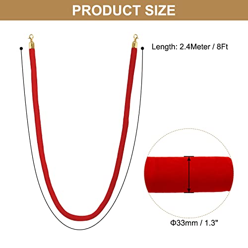 PATIKIL 8 Feet Red Velvet Stanchion Rope, Crowd Control Barrier Rope with Snap Hooks for Posts Stands Queue Divider of Hotel Theater, Golden - color: Red, size: 8 Feet