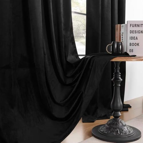Timeper Black Velvet Curtains 84 inches 2 Panels,Blackout Curtains for Bedroom Living Room Thermal Insulated Luxury Super Soft Window Drapes,Back Tab & Rod Pocket,W52 x L84 inches - color: Black, size: 52"W x 84"L (Pack of 2)