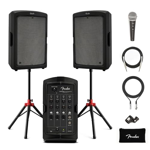 Fender Passport Conference S2 Portable PA System Bundle with Microphone Kit, Compact Speaker Stands, and Instrument Cable