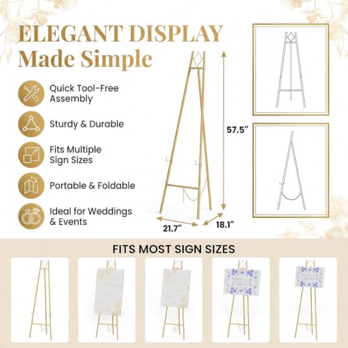 Gold Easel Stand for Sign Wedding, 57.5-Inch Adjustable Metal Stand | Welcome Sign Holder 4-tier Display Height, with Carry Bag, for Posters, Art, Pictures, Up to 10-25 lb