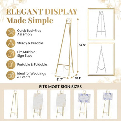 Gold Easel Stand for Sign Wedding, 57.5-Inch Adjustable Metal Stand | Welcome Sign Holder 4-tier Display Height, with Carry Bag, for Posters, Art, Pictures, Up to 10-25 lb
