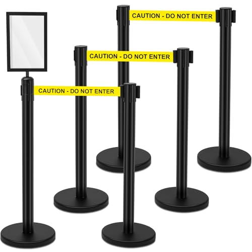 Therwen 6 Pack Heavy Duty Crowd Control Stanchions 9.8 ft Stainless Steel Stanchion Set with 6 Safety Barrier Post Retractable Belt and 1 Sign Holder Crowd Control Barrier(Caution Belt,Black) - color: Black, size: Caution Belt