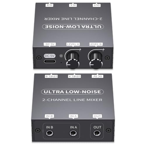 2 Channel Stereo Audio Mixer, 3.5mm Mini Audio Mixer Line Mixer, Low-Noise DC 5V Support Music Creation, Sub Mixing, Live Broadcast, As Guitars, Bass, Keyboards Mixer