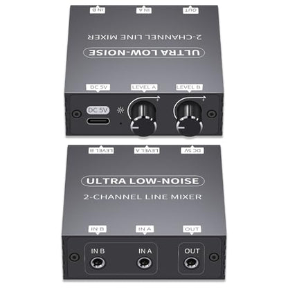 2 Channel Stereo Audio Mixer, 3.5mm Mini Audio Mixer Line Mixer, Low-Noise DC 5V Support Music Creation, Sub Mixing, Live Broadcast, As Guitars, Bass, Keyboards Mixer
