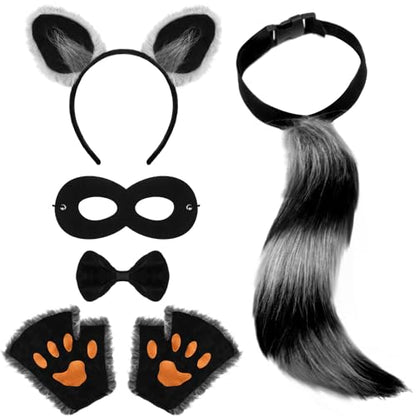 6 Pieces Kids Raccoon Costume Accessories Set | Animal Ears Headband Claw Gloves Tail Bow Tie and Mask for Boys Girls Adult Halloween Christmas Carnival Cosplay Party Suit