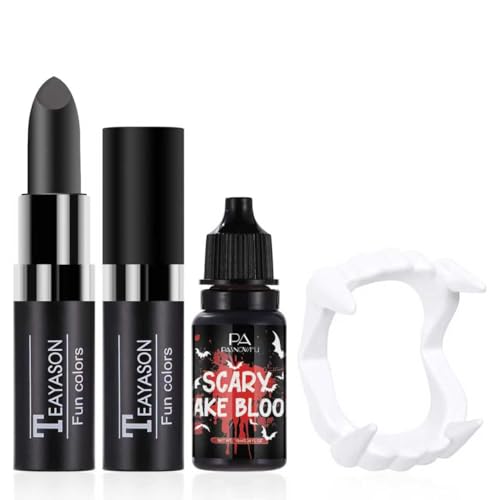 Vampire Makeup Set – Professional Fake Teeth Kit with Washable Fake Blood, Realistic vampire teeth, Black Lipstick, Halloween SFX Makeup Set for Vampire Costumes, Theatre,Cosplay - color: Black #2