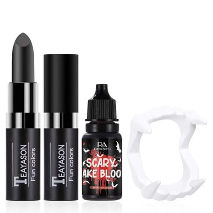 Vampire Makeup Set – Professional Fake Teeth Kit with Washable Fake Blood, Realistic vampire teeth, Black Lipstick, Halloween SFX Makeup Set for Vampire Costumes, Theatre,Cosplay - color: Black #2