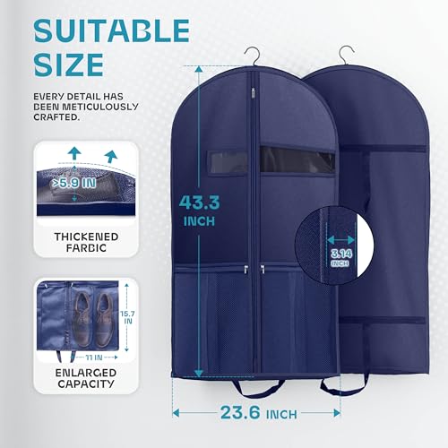 Lazebox 43" Travel Garment Bag with Accessories Zipper Pocket, Heavy Duty Suit Bag for Suits, Tuxedos, Dresses, Coats, Blue, 1 pack - size: 43inch-1 pack-Blue