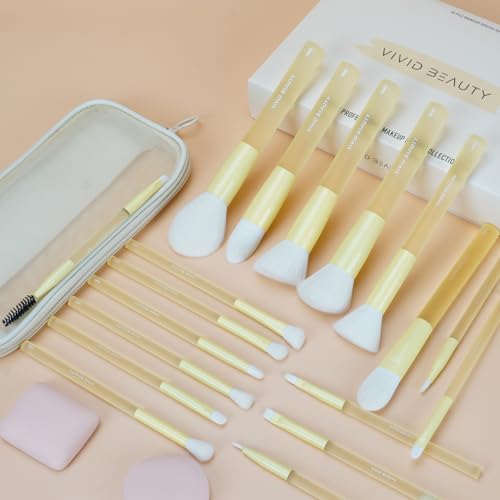 Yellow Make up Brush Set – 18PCS Makeup Brushes for Powder, Foundation, Eyeshadow – With Rubber Coated Handles, Painted Aluminum Ferrules, Travel Bag & 2 Makeup Sponges– For Women & Beginners - color: Yellow