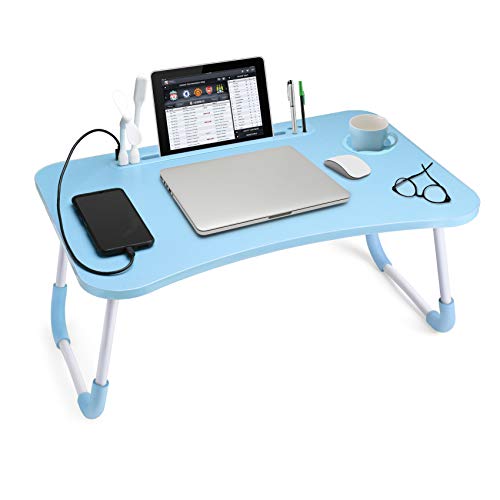 Slendor Foldable Lap Desk with Cup Holder for Bed, Couch, Floor | Portable,with USB Light, Fan, Pen Holder,Tablet Holder,for Laptop,Writing,Eating,Blue - color: Blue