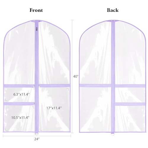 40 Inch Clear Garment Bags for Dance Costumes, 6 Pack, Purple | Dance garment bags for Dancers, 3 Zipper Pocket, Foldable Garment Bags for Hanging Clothes, Competitions & Travel - color: Clear Purple