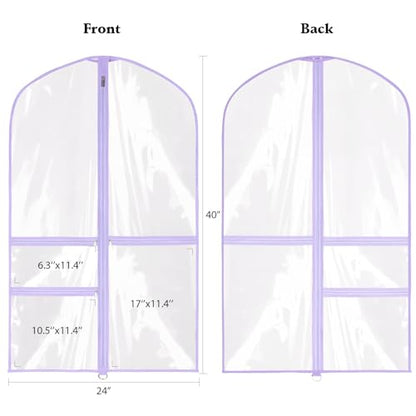 40 Inch Clear Garment Bags for Dance Costumes, 6 Pack, Purple | Dance garment bags for Dancers, 3 Zipper Pocket, Foldable Garment Bags for Hanging Clothes, Competitions & Travel - color: Clear Purple