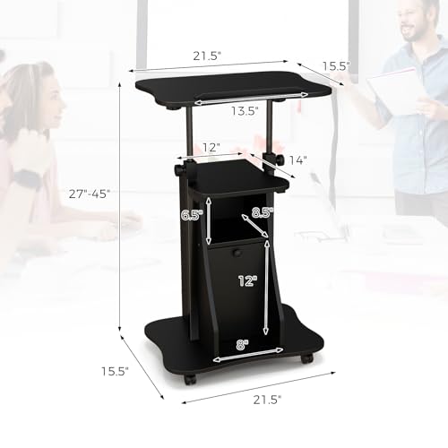 LDAILY Mobile Podium Stand, Height-Adjustable Portable Rolling Laptop Stand with Storage Cabine & Tilting Desktop, Sit to Stand Desk Laptop Cart with Lockable Casters for Office (Black) - color: Black