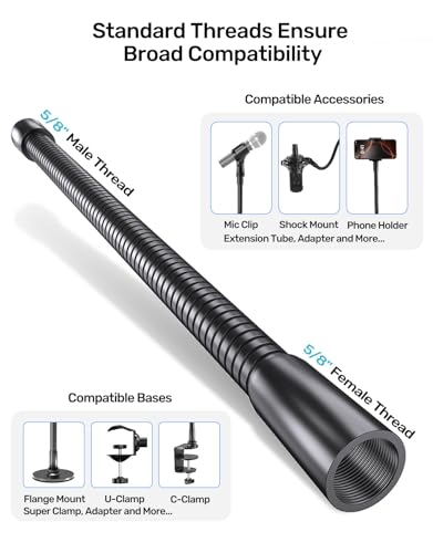 13" Microphone Gooseneck Extension, 5/8-27 Thread, 360° Swivel, Heavy Duty | 2.5 lb High Load Capacity, Flexible Metal Arm, Durable Build, Supports Mic/Webcam/Phone for Podium, Lecture, Recording, DIY - size: 13 Inch Gooseneck