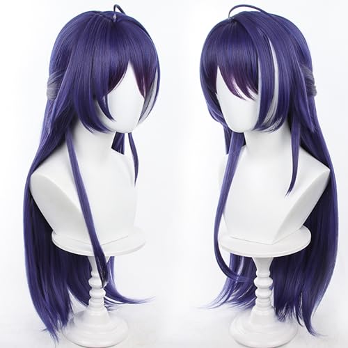 Anime Dark Blue Highlighting White wigs with Bangs Women 75cm/29in Long Straight wig half-up hairstyle for Adult Game Cosplay wig Halloween,Comic con,Party,Game Show - color: Deep Purple