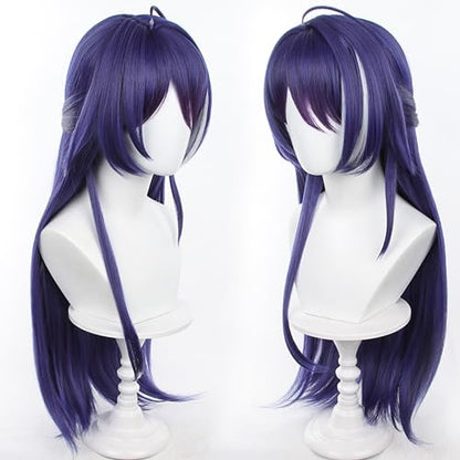 Anime Dark Blue Highlighting White wigs with Bangs Women 75cm/29in Long Straight wig half-up hairstyle for Adult Game Cosplay wig Halloween,Comic con,Party,Game Show - color: Deep Purple