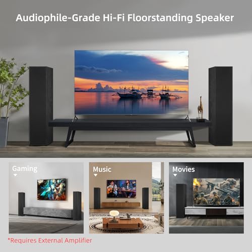 Elimavi Floor Standing Tower Speakers Pair, Dual 6.5" Woofers, 120W, Black | 1" silk dome tweeter, passive hi-fi speakers, home theater use, MDF enclosure, deep bass response, for music & movies - color: Black