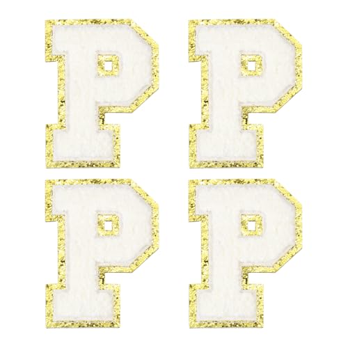 MECCANIXITY Chenille Letter Patches 3.1" Alphabet P Iron on Embroidered Patch Sew on Letter Stickers Applique for Repairing Clothing Jeans Shoes Hats DIY(White, Pack of 4) - style: Letter-P