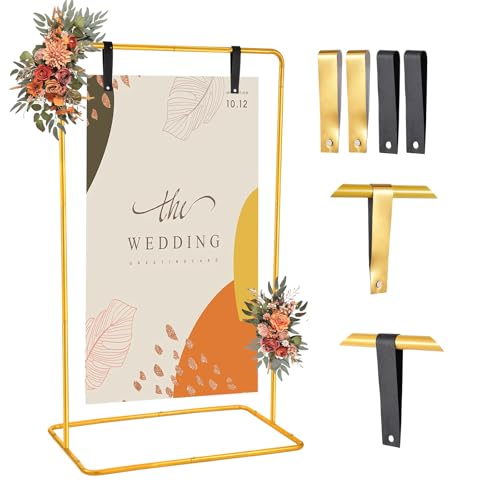 Wedding Welcome Sign Easel Stand Holder 68 x31x 20 With Leather Straps,Gold | Welcome to Our Wedding Sign Holder, Metal Floor Standing Easels for Signs, Poster - color: Gold