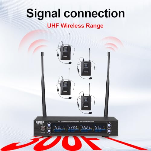 4 Channel UHF Wireless Microphone System with Lavalier Headset Mics, 4x50 Adjustable Frequencies, Ideal for Karaoke Meeting Church, 300ft Range (4 Bodypack)