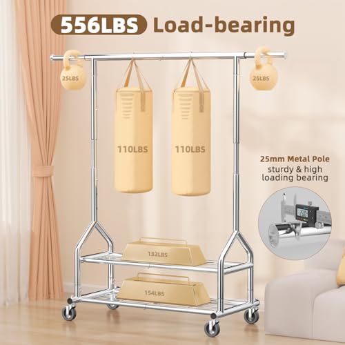 EAGMAK Heavy Duty Clothes Rack Load 556 LBS, Rolling Clothing Rack With Shelves, Height Adjustable Metal Clothes Hanger with Wheels Portable Wardrobe Organizer Garment Rod for Hanging Clothes (Silver) - color: Silver, style: 2 Shelves