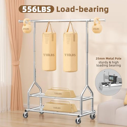 EAGMAK Heavy Duty Clothes Rack Load 556 LBS, Rolling Clothing Rack With Shelves, Height Adjustable Metal Clothes Hanger with Wheels Portable Wardrobe Organizer Garment Rod for Hanging Clothes (Silver) - color: Silver, style: 2 Shelves