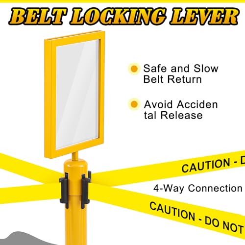 Therwen 6 Pack Heavy Duty Crowd Control Stanchions 9.8 ft Stainless Steel Stanchion Set with 6 Safety Barrier Post Retractable Belt and 1 Sign Holder Crowd Control Barrier(Caution Belt,Yellow) - color: Yellow, size: Caution Belt