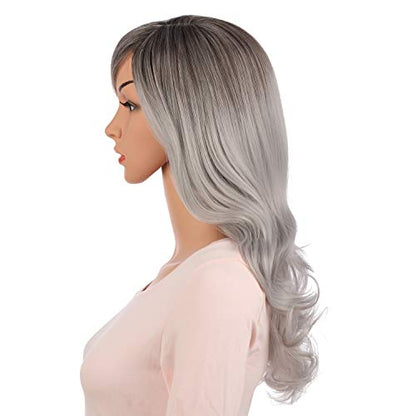 Onedor Full Head Beautiful Long Curly Wave Stunning Wig Charming Curly Costume Wigs with Fringe (Brown Silver Ombre-6TST0906) - color: Brown Silver Ombre-6TST0906