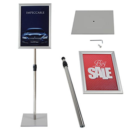 T-Sign 31.5 to 48 Inch Pedestal Sign Holder - Adjustable Floor Sign Stand for 8.5x11 Displays, Heavy Duty Outdoor Sign Holder with Square Base for Restaurants, Retail, Trade Shows, and Events (Silver) - size: 8.5 x 11 inches, Silver
