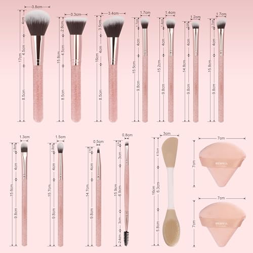 Pink Makeup Brushes Set 14 Pcs Professional, Synthetic Foundation Concealer Powder Blush Eyeshadow Brushes with 2 Powder Puffs & Dual-ended Mask Applicator, Gifts for Women Teen Girls - color: Pink