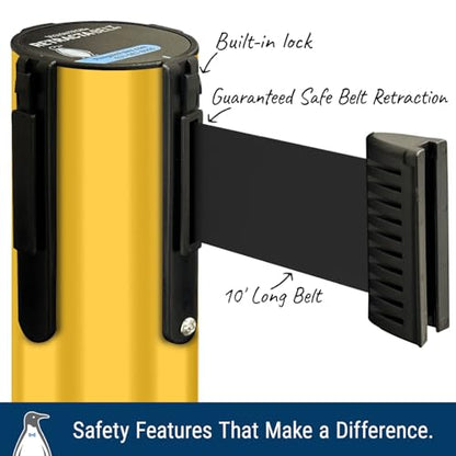 Prime 10' Long Outdoor Weather Resistant Retractable Belt Stanchion 2 Pk, 40” Tall No-Tools Assembly Crowd Control Barriers (Yellow Aluminum Post w/Black Belt) | Commercial Grade Outdoor Retractable Belt Stanchions, PRIME, Cement Base, Tool-Free, Crowd Co