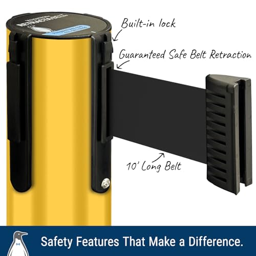 Prime 10' Long Outdoor Weather Resistant Retractable Belt Stanchion 2 Pk, 40” Tall Steel No-Tools Assembly Crowd Control Barriers, (Yellow Aluminum Post w/Caution-Do Not Enter Belt) | Commercial Grade Outdoor Retractable Belt Stanchions, PRIME, Cement Bas