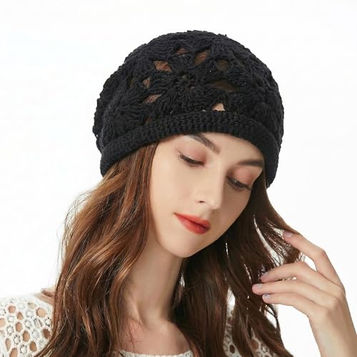 ZLYC Women Cotton Crochet Slouchy Beanie Hat Handmade Knit Summer Skull Cap | Lightweight breathable,boho casual chic look,travel photos festival party,café commute daily wear,beach concert gathering - color: Crochet Black
