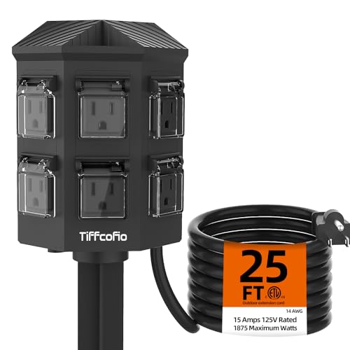 TiFFCOFiO Outdoor Power Strip Weatherproof, 25 FT Extension Cord with Stake, 6 Grounded Outlets for Yard, Pool and Garden Decorations, 15A/1875W, ETL Listed - size: 25 FT