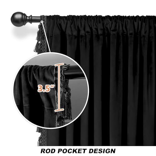 Fazhesici Black Velvet Blackout Curtains, Rod Pocket 2 Panels, 52”W x 84”H | Velvet Drapes with Tassels, Thermal Soundproof Blackout Curtains for Living Room - color: Black, size: 52"W x 84"L (Pack of 2)