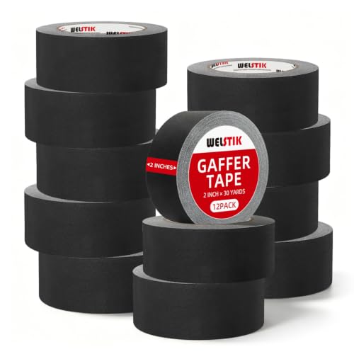 WELSTIK 2" x 30 Yards Black Gaffers Tape 12 Pack - Bulk Professional Grade Gaffer Tape Multipack - Non-Reflective Heavy Duty Adhesion Cable Management Stage Tape for Commercial Studio & Floor
