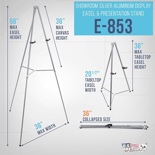 U.S. Art Supply 66" High Gallery Silver Metal Display Easel, Large | Adjustable Height Aluminum Portable Easel Stand, Sign Display, Holds 25 lbs - Floor & Tabletop Easels, Painting Stand