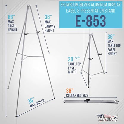 U.S. Art Supply 66" High Gallery Silver Metal Display Easel, Large | Adjustable Height Aluminum Portable Easel Stand, Sign Display, Holds 25 lbs - Floor & Tabletop Easels, Painting Stand