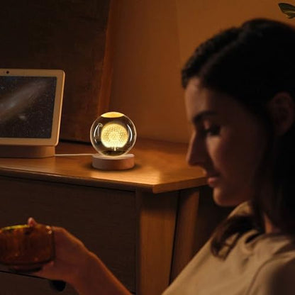 Flexzion 3D Dandelion Crystal Ball Night Light - LED Light Hologram Glass Lamp with Solid Wood Base, USB Powered Crystal Ball Lamp with Adjustable Brightness for Home Decor Display Gift, 2.4inch(60mm) | Dandelion Lamp with Solid Beech Wood Base and Adjust