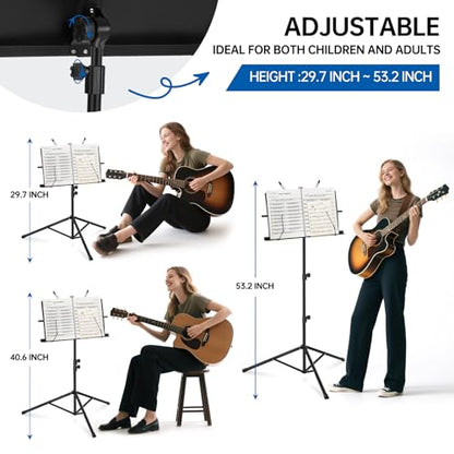 MOSEN Folding Music Stand 2-in-1 Dual-Use & Desktop Book Stand Lightweight Adjustable Metal Sheet Music Stand, Portable Desktop Stand with Carrying Bag, 1 Pack, Black - color: Matte Black